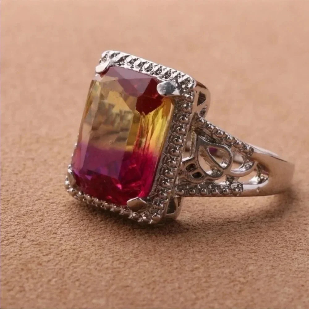 Rainbow Ombre Gemstone Silver Ring | Pink Yellow Statement Cocktail Ring - Picture 3 of 3